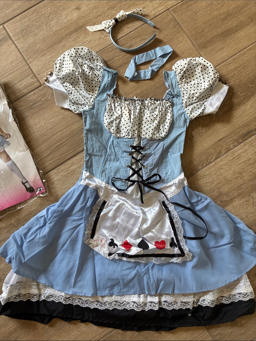 Light Blue and White Alice-Inspired Halloween Dress with Card Suit Apron